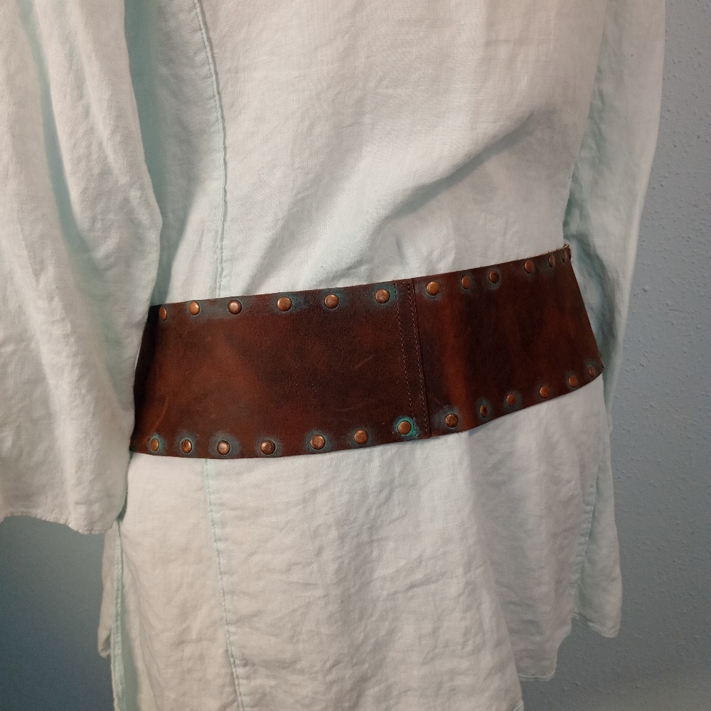 Designer Brown Leather Belt With Bronze Studs and Verdigris - Picture 4 of 8